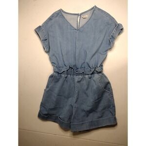 Habitual Girl Light Wash Denim Paperbag Waist Romper Blue Size 12 V-Neck